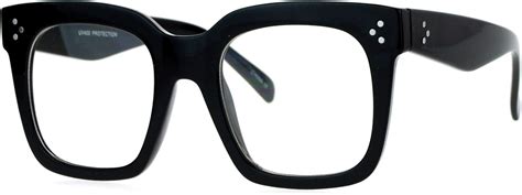 chunky black frame glasses.